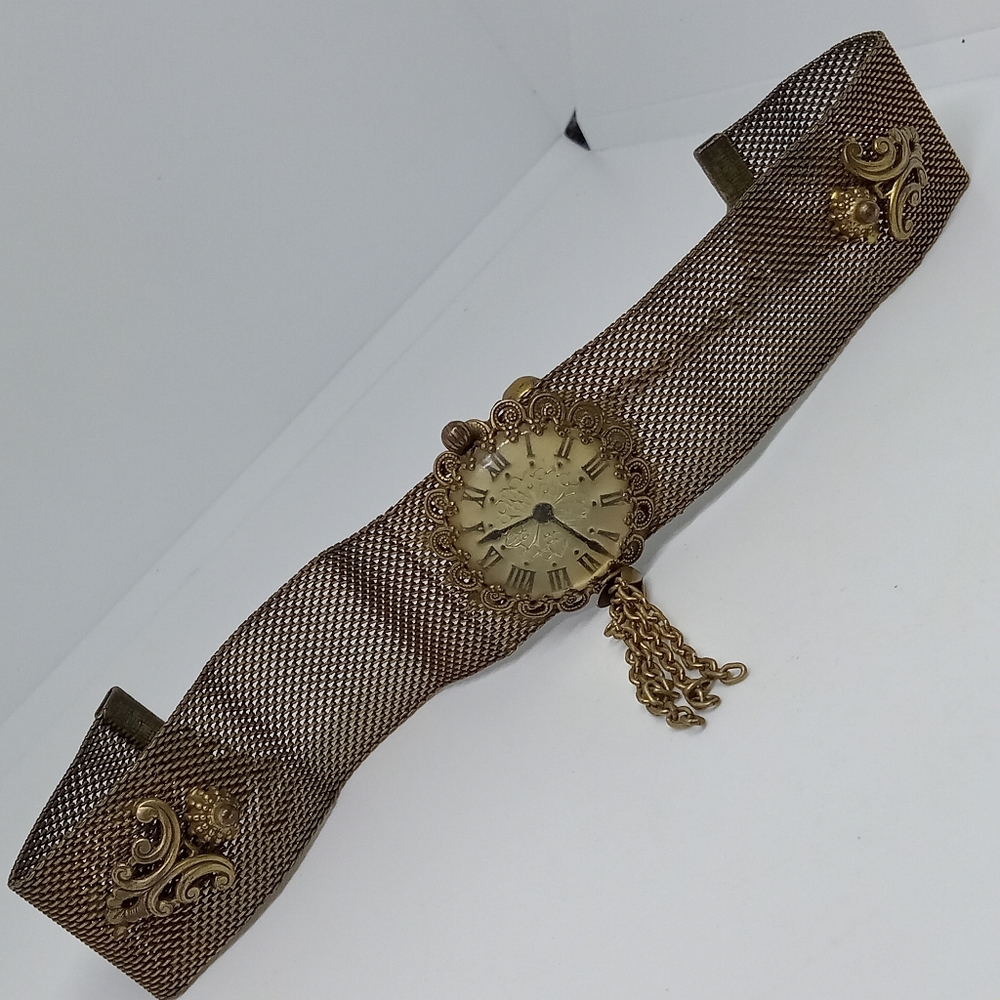 * Antique vintage Victorian faux watch gold tone mesh choker necklace 15"